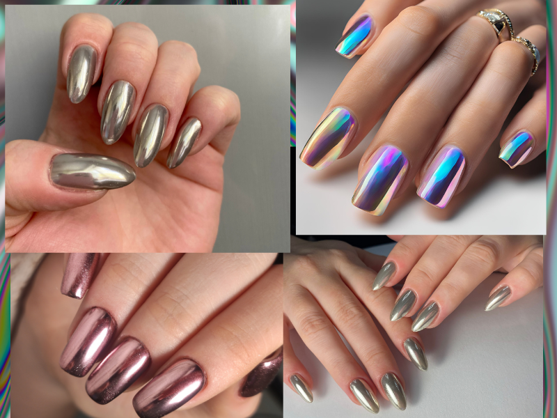 chrome nails with iridescent nail polish