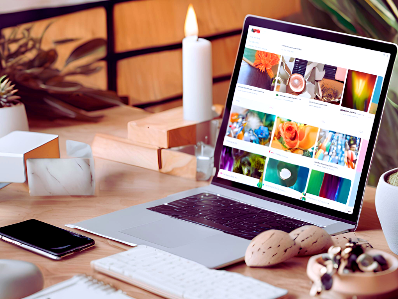 A creative workspace featuring a laptop displaying vibrant visuals, surrounded by candles, plants, and minimalistic decor.