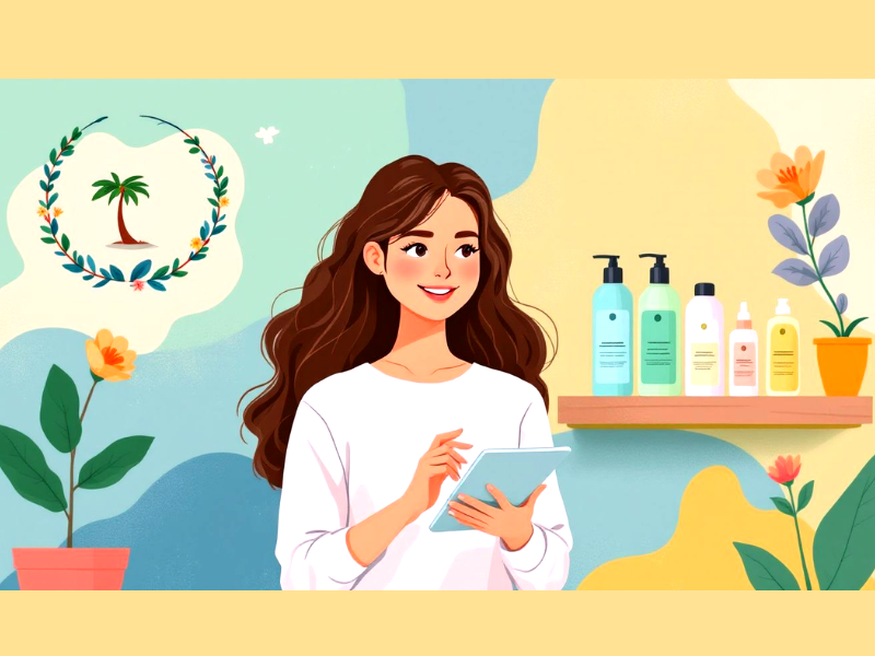 A smiling woman with healthy hair holds a tablet, with vegan hair care products displayed on a shelf, emphasizing natural beauty.