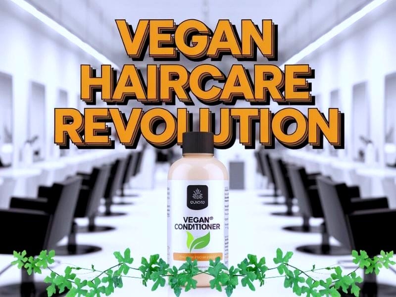 Promoting the 'Vegan Haircare Revolution' with a highlighted vegan conditioner bottle set in a modern salon backdrop.