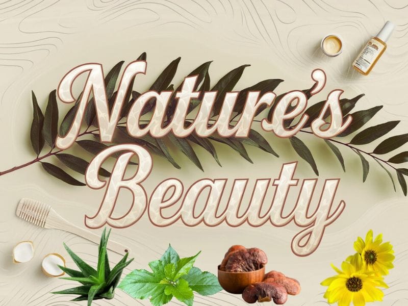 Nature's Beauty design featuring natural ingredients and vegan hair care products displayed with leaves and flowers.