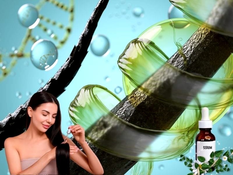 Woman applies vegan hair serum for deep nourishment, strengthening hair with natural plant-based care.