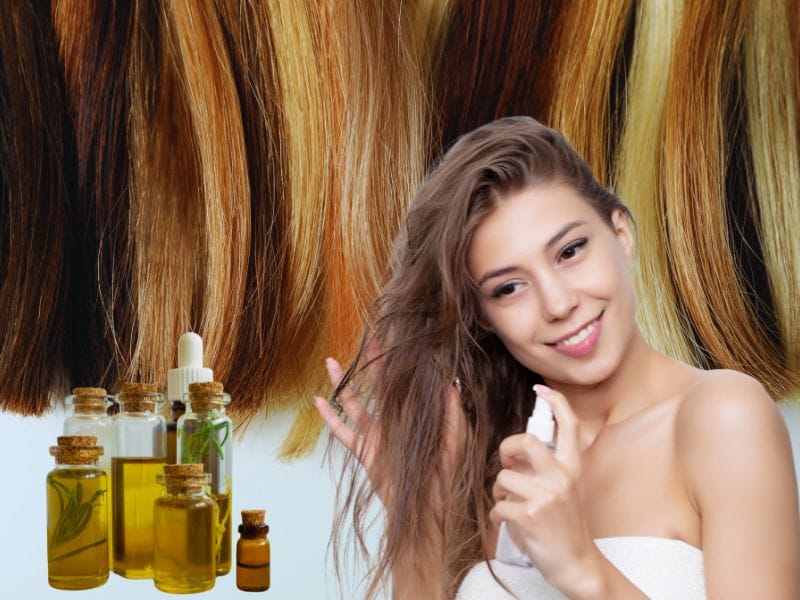 Smiling woman applying hair oil spray, with various oil bottles and healthy hair strands in the background.