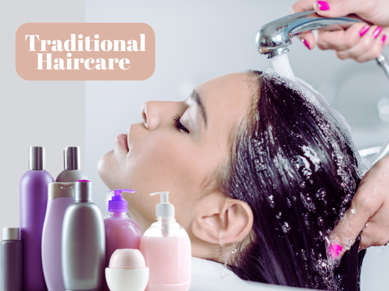Woman getting hair wash at salon with various traditional haircare product bottles foreground.