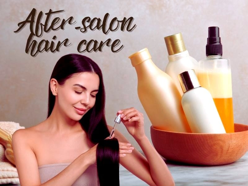Woman applying serum for after-salon hair care with nourishing products in background bowl.