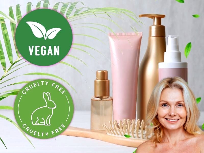 Smiling woman with vegan, cruelty-free hair products—natural care to prevent balding.