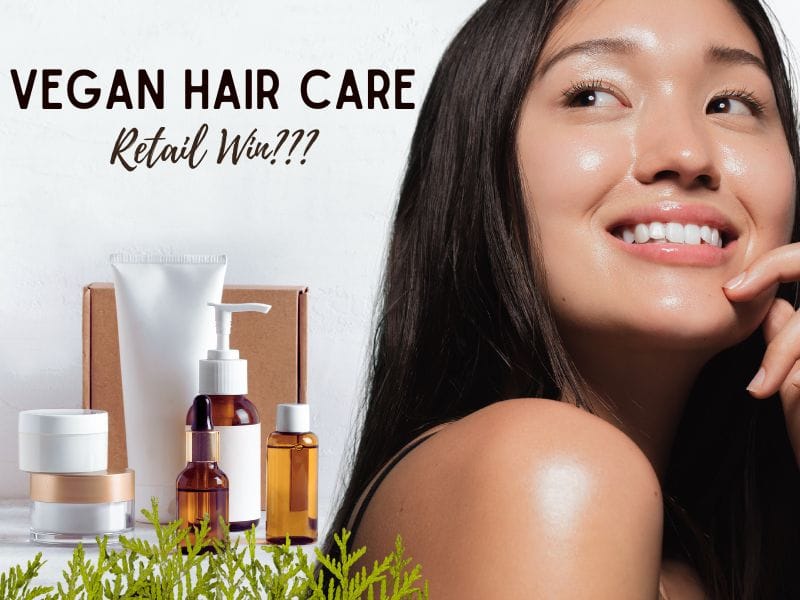 Smiling woman with glowing skin beside vegan hair care products, promoting a beauty retail win.