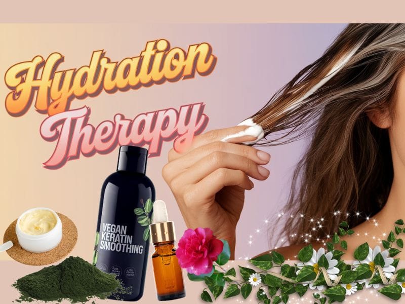 Hydration therapy for hair featuring vegan keratin smoothing treatment, natural oils, and botanical ingredients for deep hair nourishment.