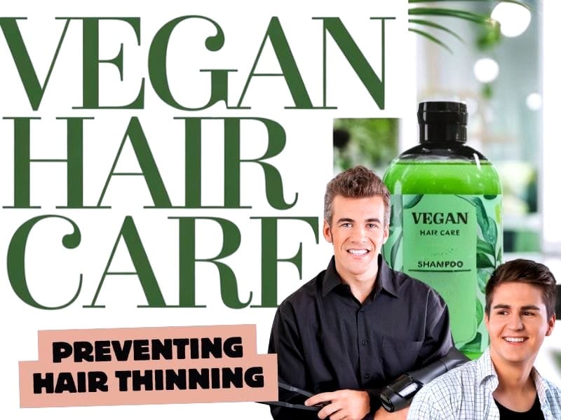 Hair stylist and clients promoting vegan hair care shampoo for preventing hair thinning with salon support.