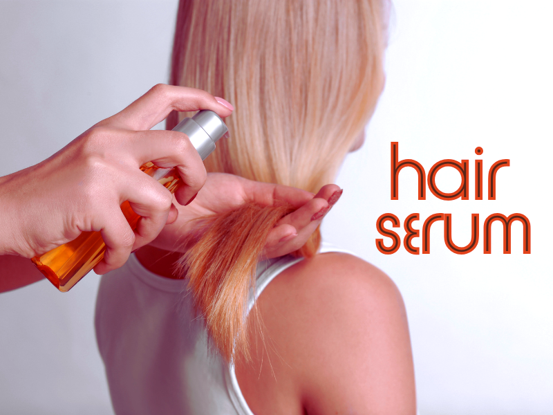 Hair serum being applied to blonde hair for smoothness and shine, with text reading 'hair serum' in modern font.