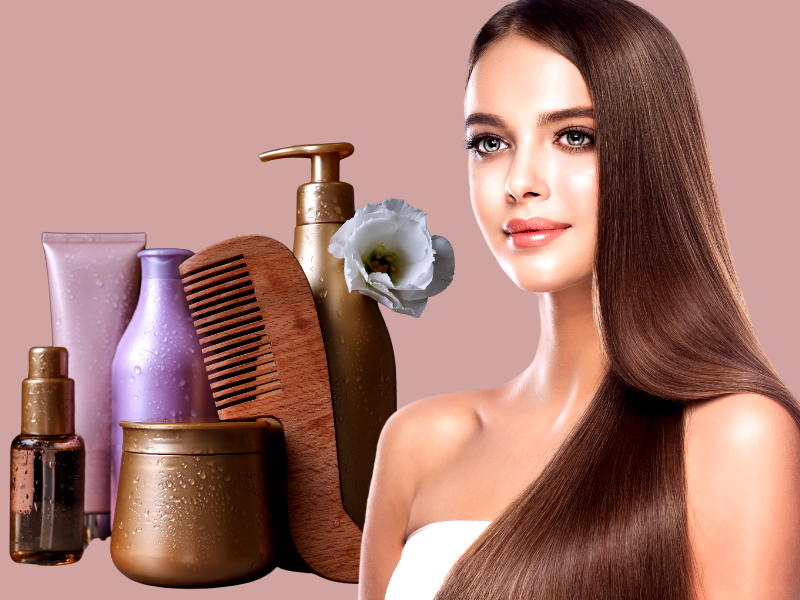 Woman with long, shiny, straight brown hair beside natural haircare products and a wooden comb on a beige background.