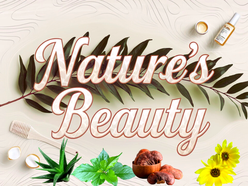 Natural haircare ingredients with 'Nature’s Beauty' text for clean beauty branding.