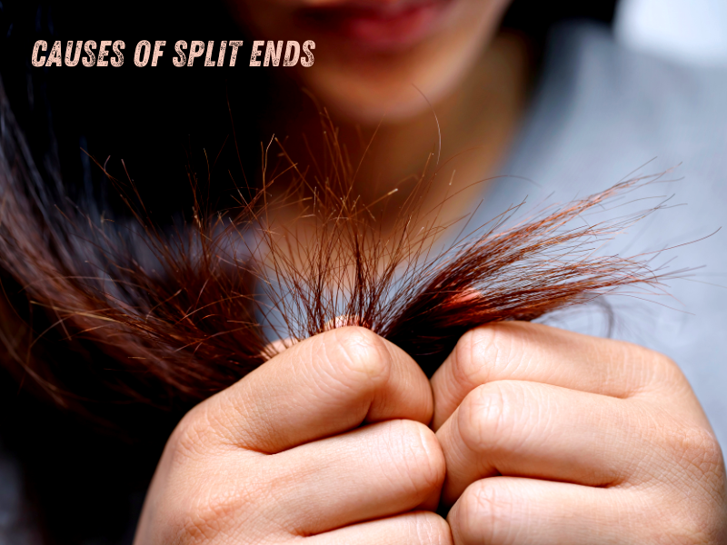 Close-up of a woman holding her frizzy split hair ends, illustrating a hidden cause of split ends