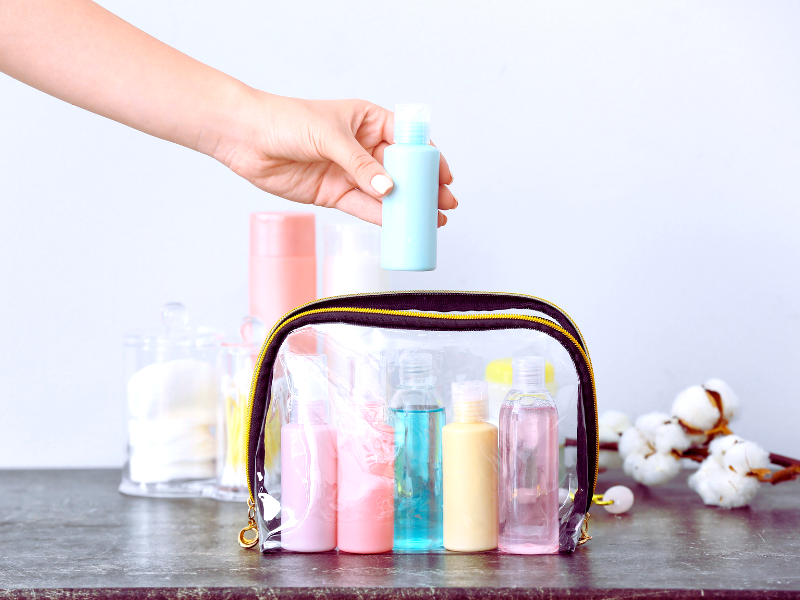 FDA-compliant haircare retail kit featuring travel-sized bottles in a clear pouch, perfect for salon sampling or client take-home use.