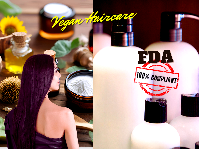 Vegan haircare concept showcasing a woman with sleek dark hair and natural ingredients, alongside FDA-compliant product bottles marked with a red stamp.