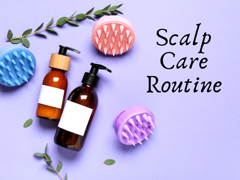 Flat lay of scalp care bottles and silicone brushes with text "Scalp Care Routine" on lavender background.