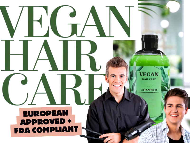 Two smiling men in a salon with vegan shampoo bottle, labeled European approved and FDA compliant.