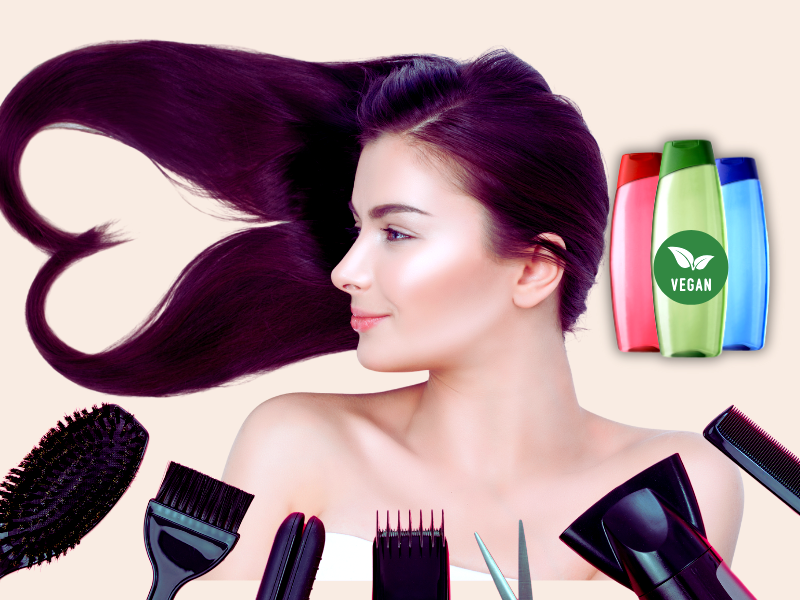 100% vegan haircare product display in a modern salon, highlighting clean beauty and plant-based choices.