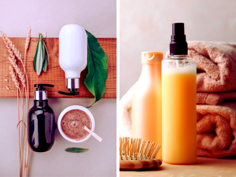 Plant-based vs. chemical-based haircare products shown side by side with natural and synthetic props.