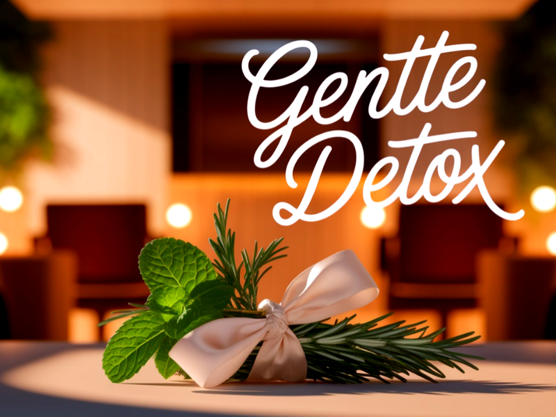 A calming salon scene with rosemary and mint tied in a bow, symbolizing a gentle, plant-based detox.