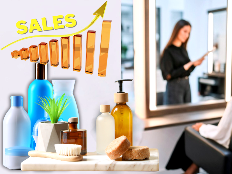 A salon shelf with plant-based products and a golden sales chart rising upward, signaling retail success.