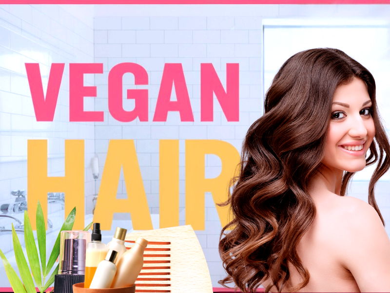 Smiling woman with healthy curls promotes vegan hair products in a bright salon setting.