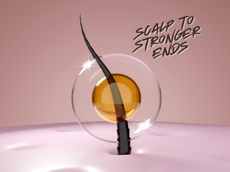 Hair strand emerging from scalp with oil drop, symbolizing nourishment from root to ends.