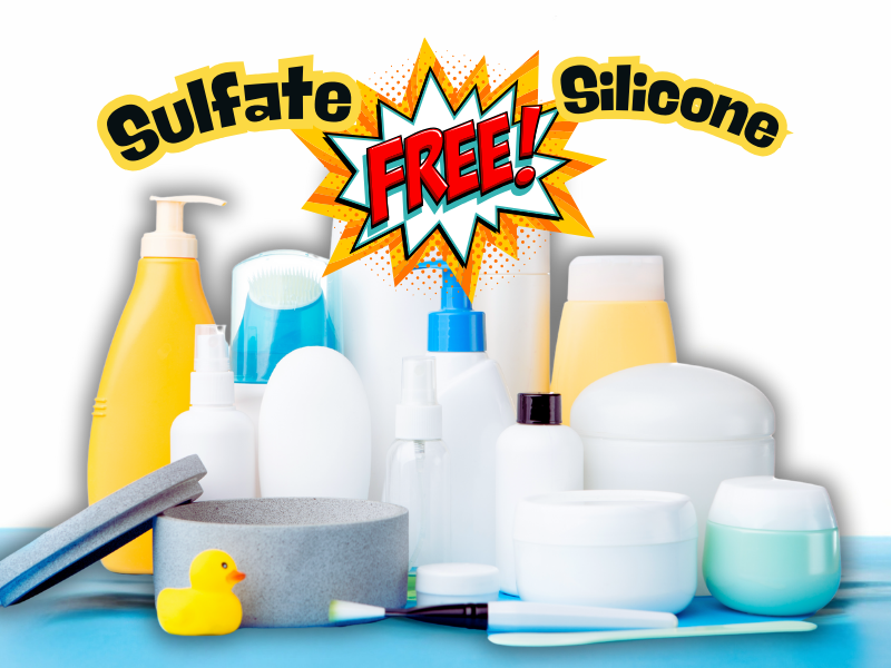 Various hair care bottles labeled sulfate-free and silicone-free on a bright, clean background.