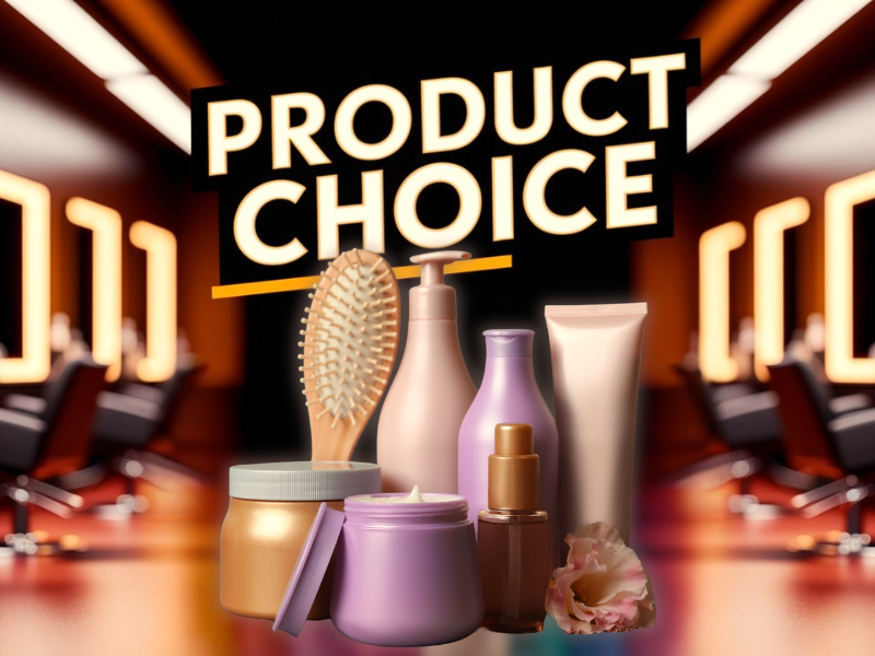 Haircare products and brush in salon with bold “Product Choice” text—emphasizing smart retail options.
