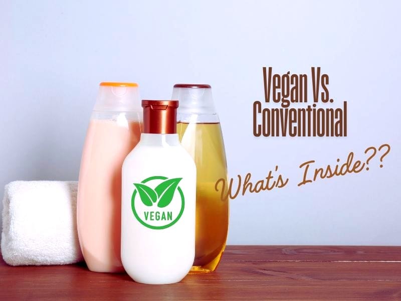 Vegan vs. conventional hair products comparison with three bottles and a towel on a wooden surface