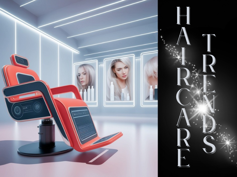 Salon interior showcasing digital displays and modern styling chair, representing trends in choosing haircare for salon success.
