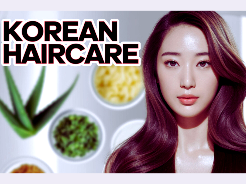 Korean beauty model with glossy hair and natural haircare ingredients in background.