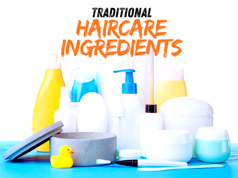 Assorted traditional haircare bottles with bold text highlighting traditional ingredients.