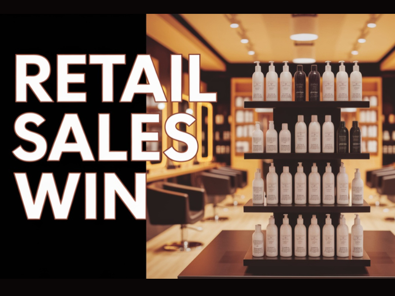 Salon retail display with haircare line bottles—bold text reads “Retail Sales Win” in modern setting.