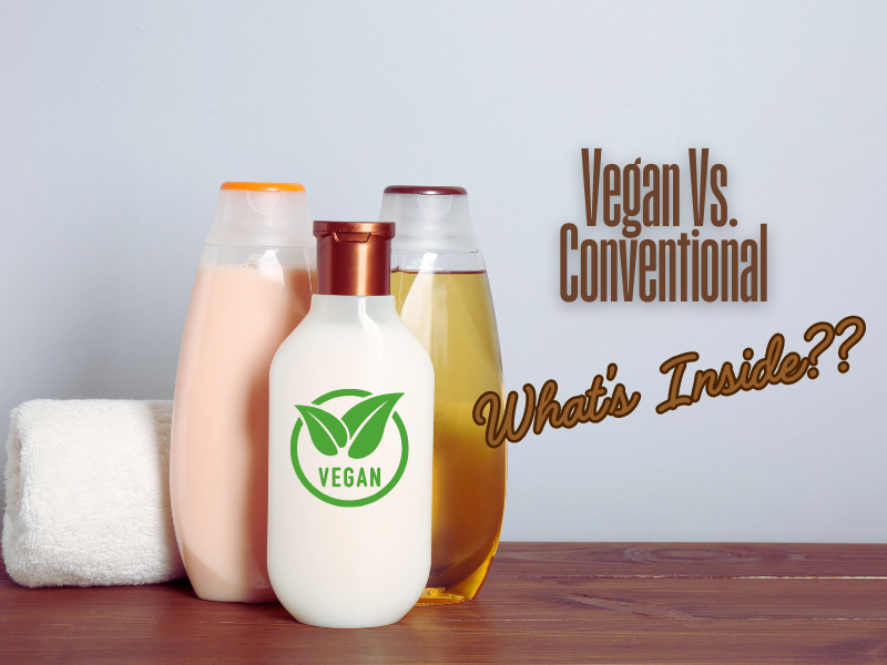 Vegan and conventional shampoo bottles—text asks “Vegan Vs. Conventional: What’s Ingredients inside?”