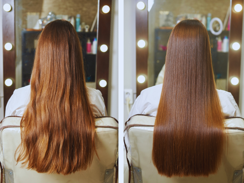 Before and after photo of long brown hair—smooth results show power of ingredients in haircare line.