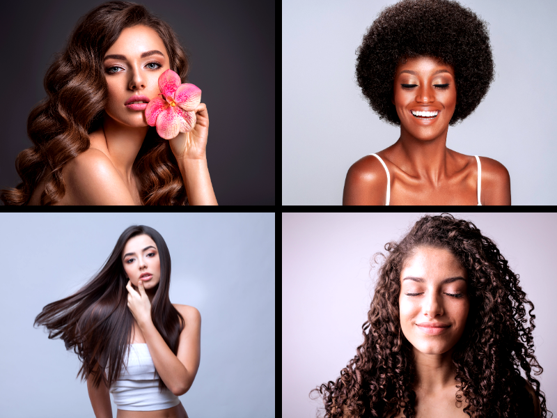 Four women with different hair textures—celebrating beauty, diversity, and confidence in every curl.