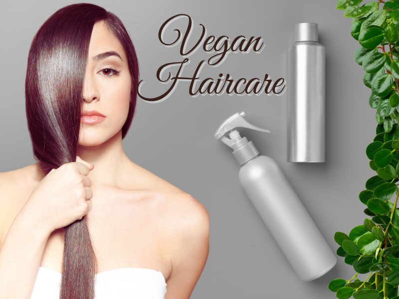 Woman with sleek hair holds strands beside “Vegan Haircare” text—natural beauty powered by clean care.