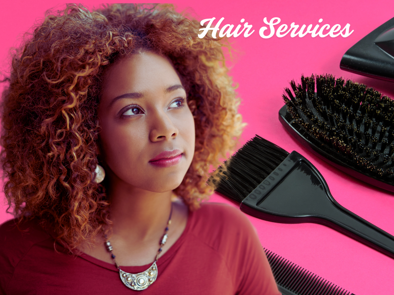 Woman with curly hair looks hopeful—surrounded by styling tools under the title “Hair Services.”
