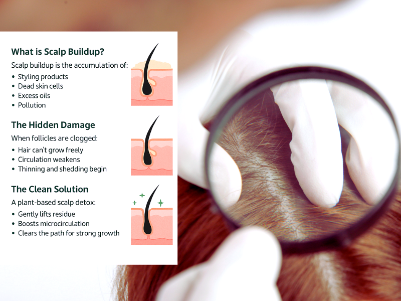 Infographic explains scalp buildup, hidden damage, and plant-based detox for healthy hair growth.
