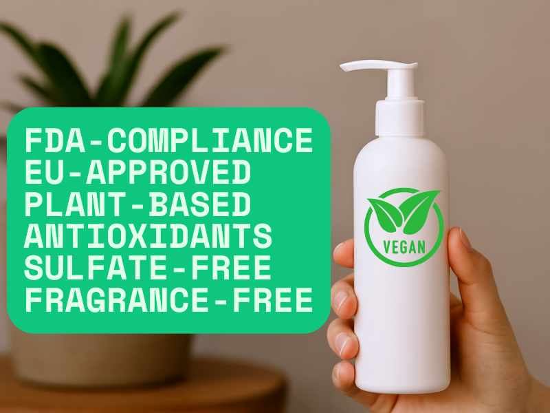 Hand holding vegan haircare bottle with FDA-compliant, EU-approved, sulfate-free label highlights.