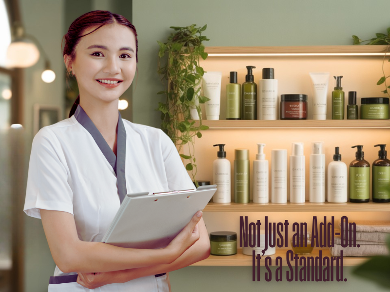 Smiling salon expert stands by clean beauty shelf – allergen-free products as the new salon standard