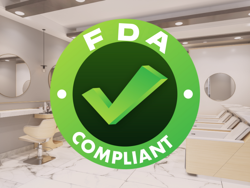Showcasing salon-level safety with FDA-compliant haircare in a spotless, high-end beauty space.