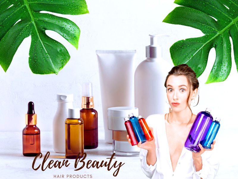 Woman comparing vibrant eco-friendly haircare bottles in a clean beauty-themed setup with plant-based branding visuals.
