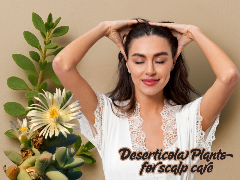 Relaxed woman massaging scalp with Deserticola plant beside her – natural scalp care with vegan ingredients