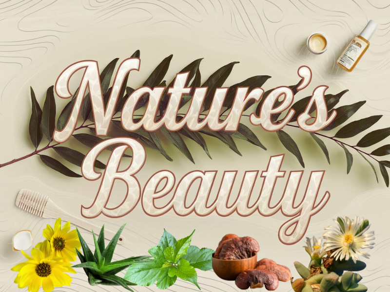 Nature’s Beauty concept with herbs, Deserticola, and scalp care products – clean vegan skincare and haircare