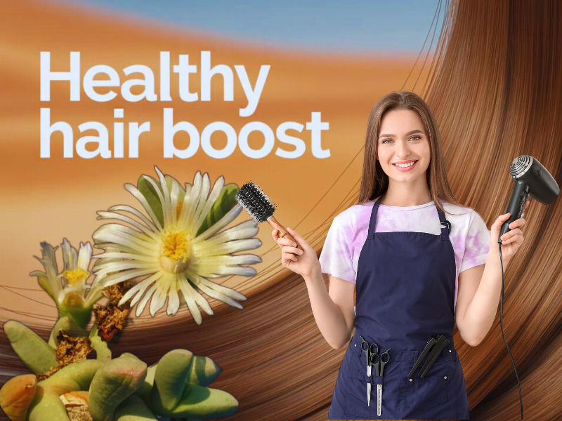 Smiling hairstylist with tools and Deserticola plant – healthy hair boost with vegan scalp care ingredients