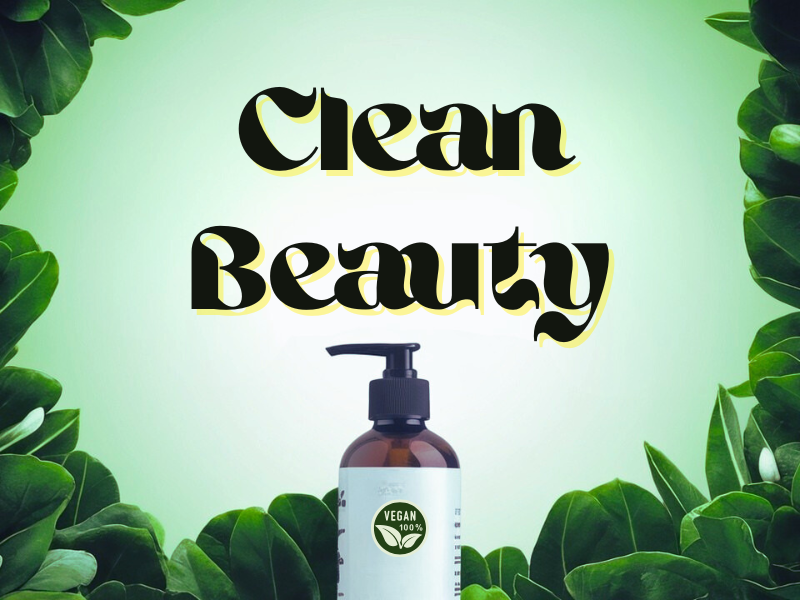 Vegan haircare bottle surrounded by green leaves with bold “Clean Beauty” text above on a bright green background.