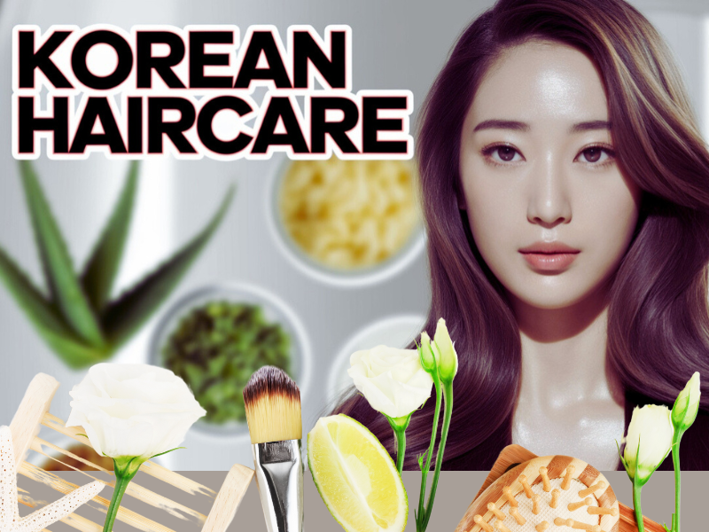 Korean woman with shiny hair, natural ingredients in background, promoting Korean haircare with flowers and tools.