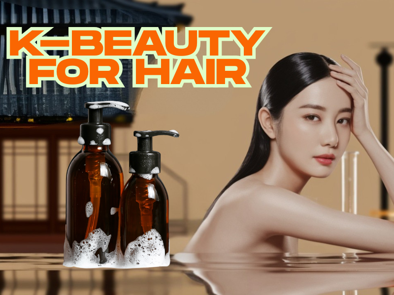Elegant woman with wet hair beside Korean shampoo bottles, text reads 'K-Beauty for Hair'.